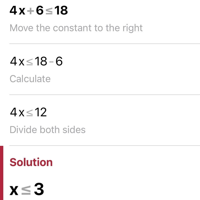 What is the solution to 4x + 6 ≤ 18?​-example-1