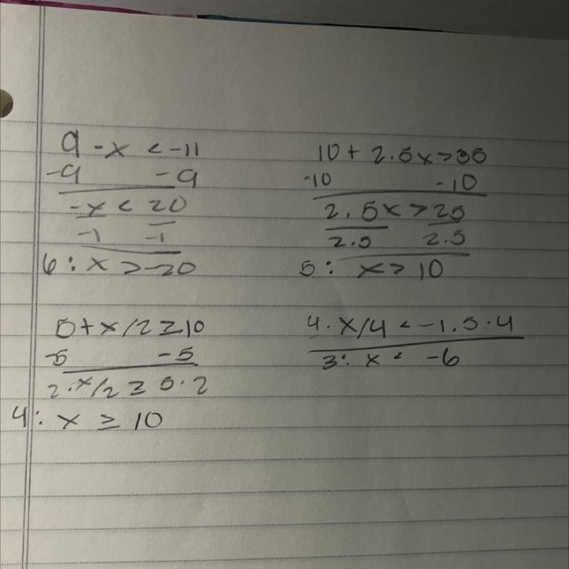 Can someone solve these inequalities? 1. -4x ≤ 32 2. 6x - 18 ≤ 27 3. x/4 < -1.5 4. 5 + x-example-1