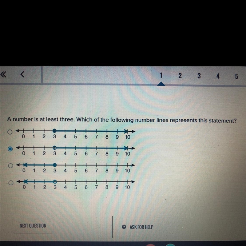 A number is at least three. Which of the following number lines represents this statement-example-1