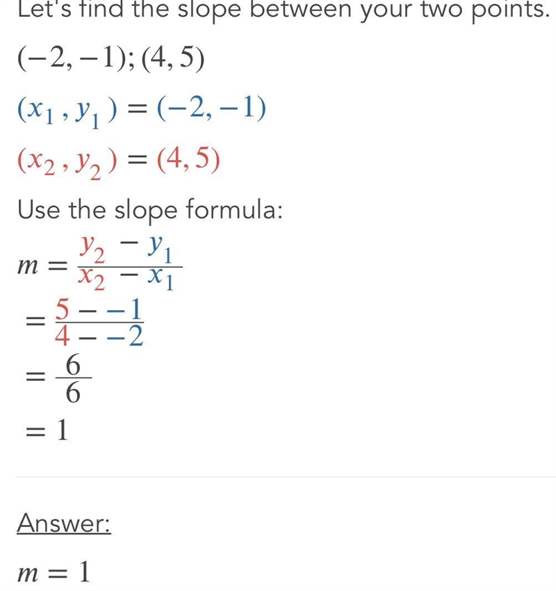 Find the slope of the 2 points (-2, -1) & (4, 5) Explain too :))-example-1