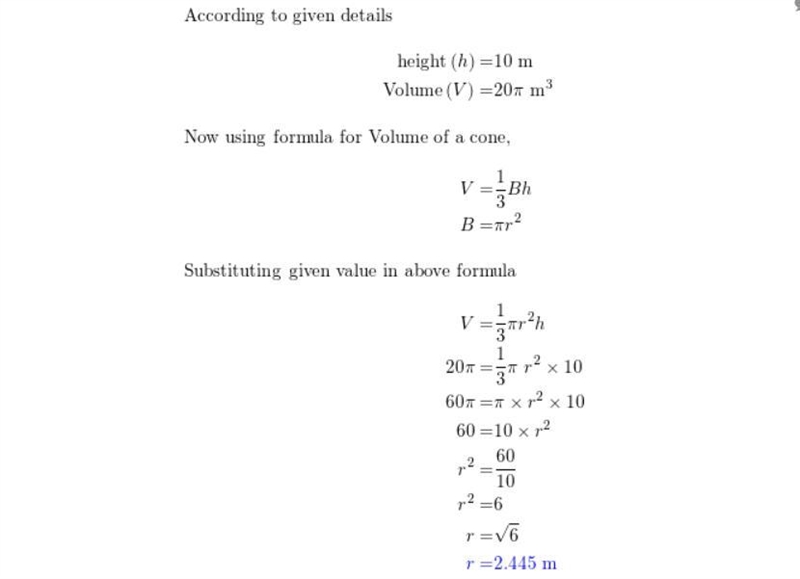 Please help this is due soon!! NO LINKS!! The volume of a cone with a height of 10 meters-example-1