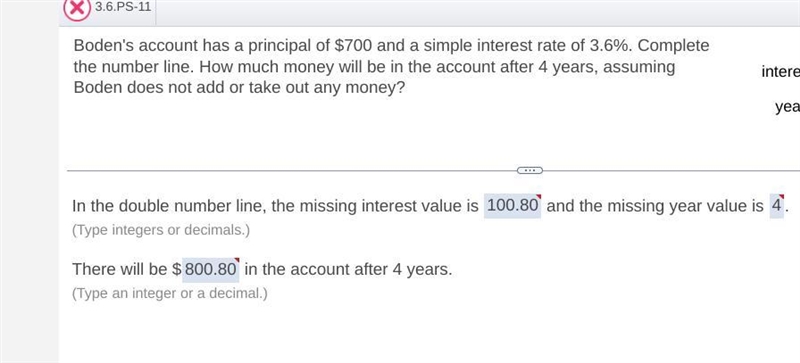 ​Boden's account has a principal of ​$700 and a simple interest rate of ​3.6%. Complete-example-1