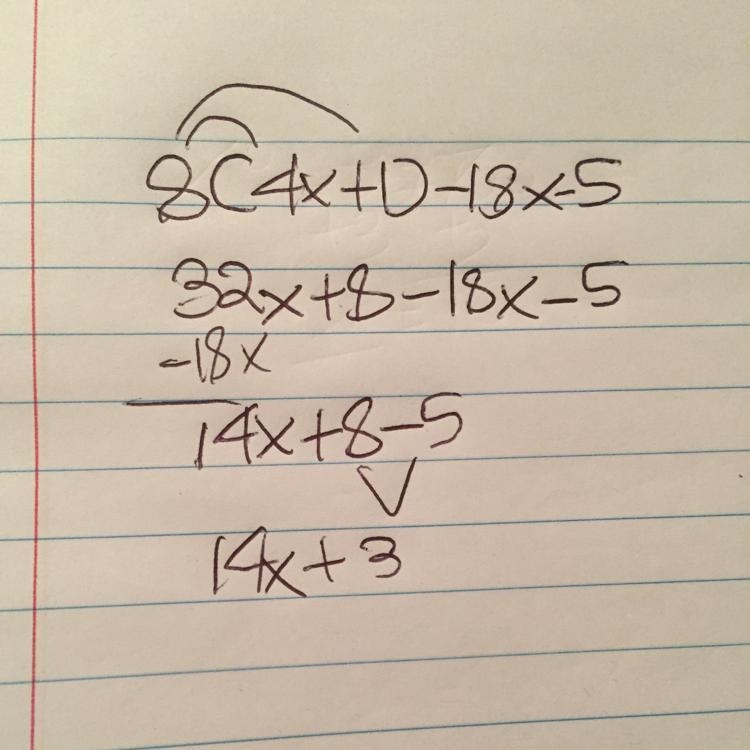 Simplify the expression below. 8(4x+1)−18x−5-example-1