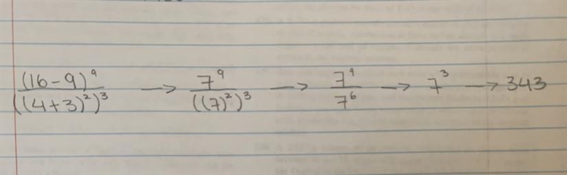 Simplify the expression: (16-9)^9/[(4+3)^2]^3-example-1