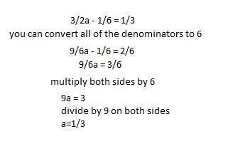 What is the solution to the equation? 2/3a - 1/6 = 1/3​-example-1