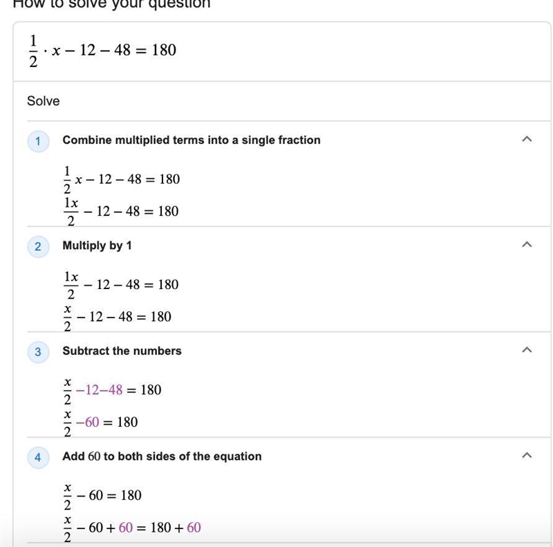 1/2x-12-48=180 Process of how to find X? please I need the help-example-3