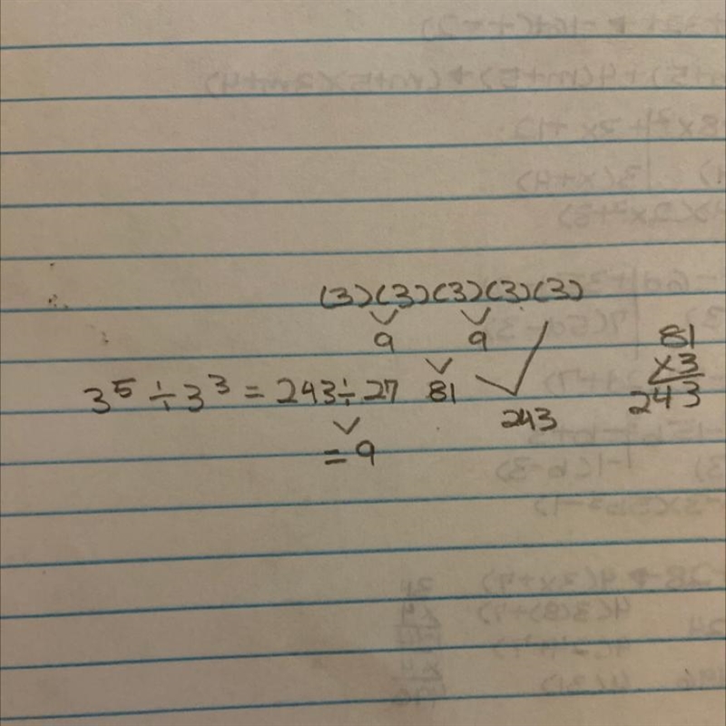 Simplify the expression 3⁵ ÷ 3³ please write it on paper so ik how to do it-example-1