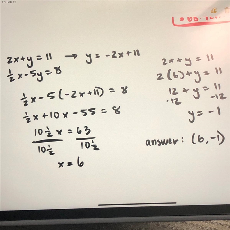 What is the solution to the system of equations? 2x+y=11 1/2x-5y=8 please help!!!-example-1