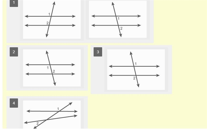 Classify each pair of numbered angles as corresponding, alternate interior, alternate-example-2