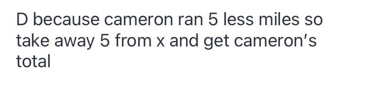 Cameron ran 5 miles less than Kyle last week, Cameron ran 9 miles. Which equation-example-1