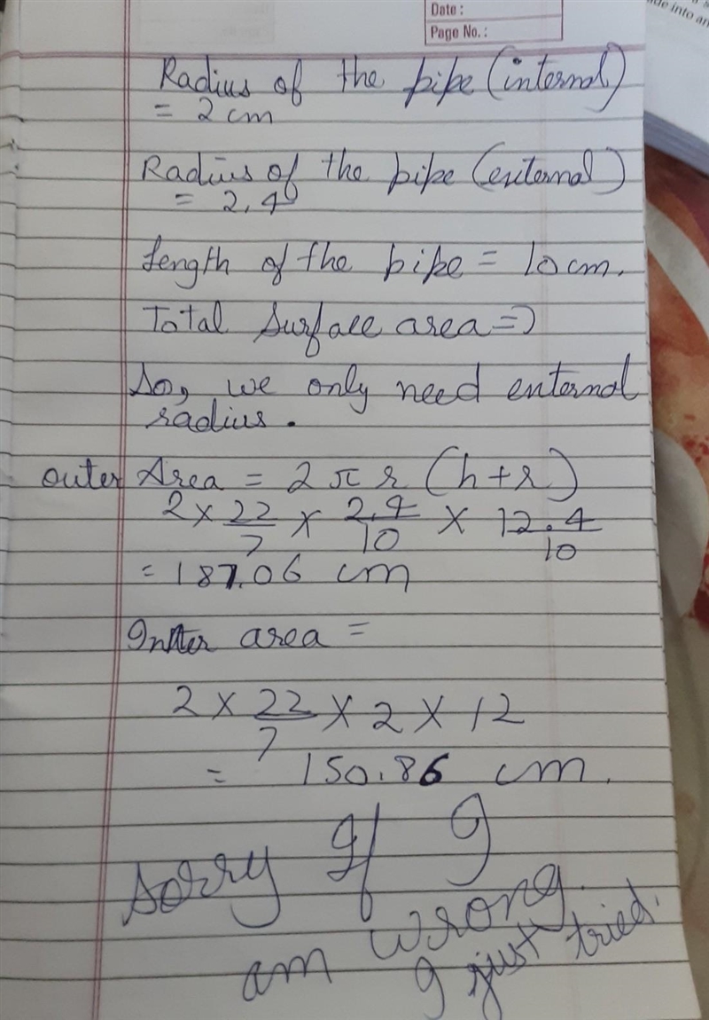 Given the internal radius of the pipe is 2 cm, the external radius is 2.4 cm and the-example-1