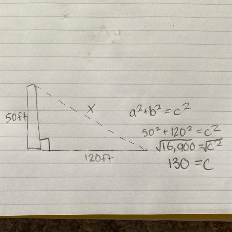 A 50 ft building casts a shadow that is 120 ft long. What is the distance from the-example-1