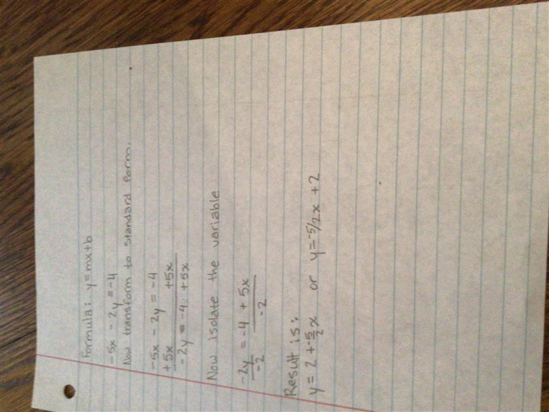 Which equation has a slope of –5/2 and a y-intercept of –2? A. –5x – 2y = –4 B. –5x-example-1