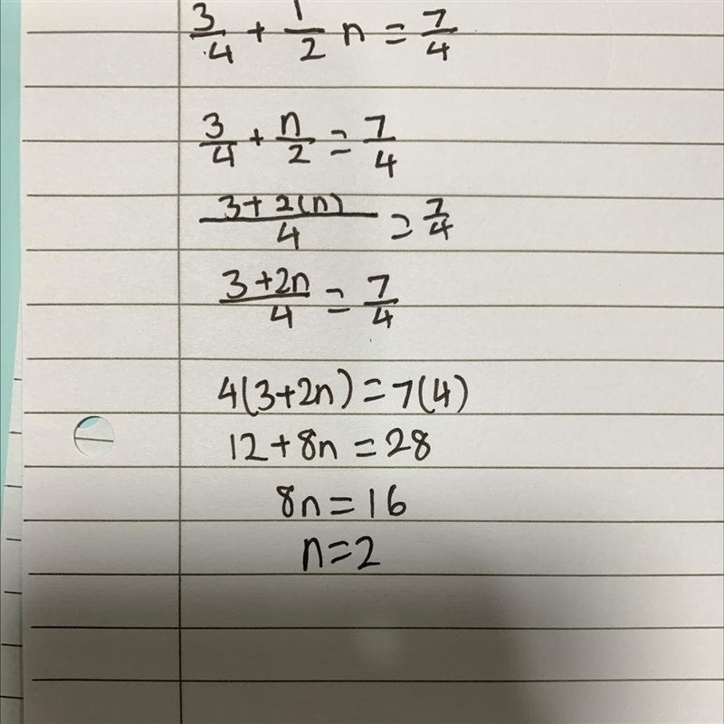 What is the value of n in this equation? 3/4 + 1/2n = 7/4 pls step by step explanation-example-1