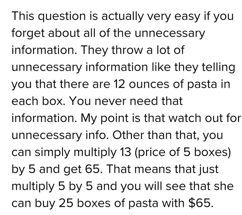 The total cost of 5 boxes of pasta is 13.00. there are 12 ounces of pasta in each-example-1