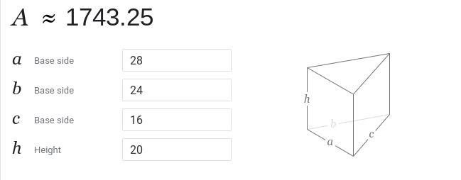 A triangular prism is 28 feet long and has a triangular face with a base of 24 feet-example-1