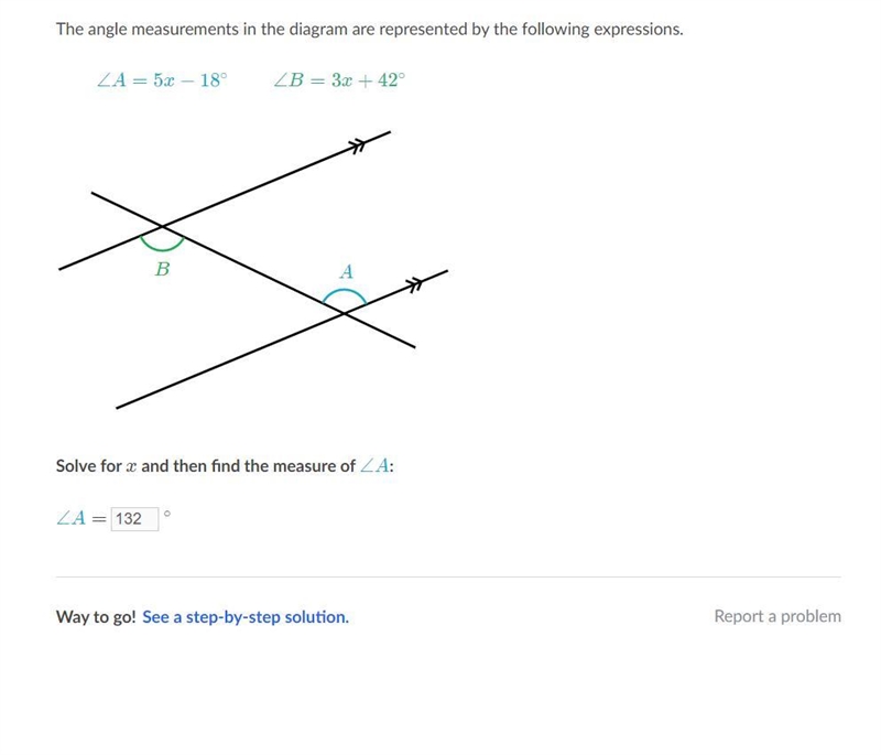 ∠A=5x−18 ∘ start color #11accd, angle, A, equals, 5, x, minus, 18, degrees, end color-example-1