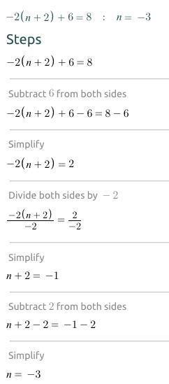 Solve for n. –2(n + 2) + 6 = 8 n =-example-1