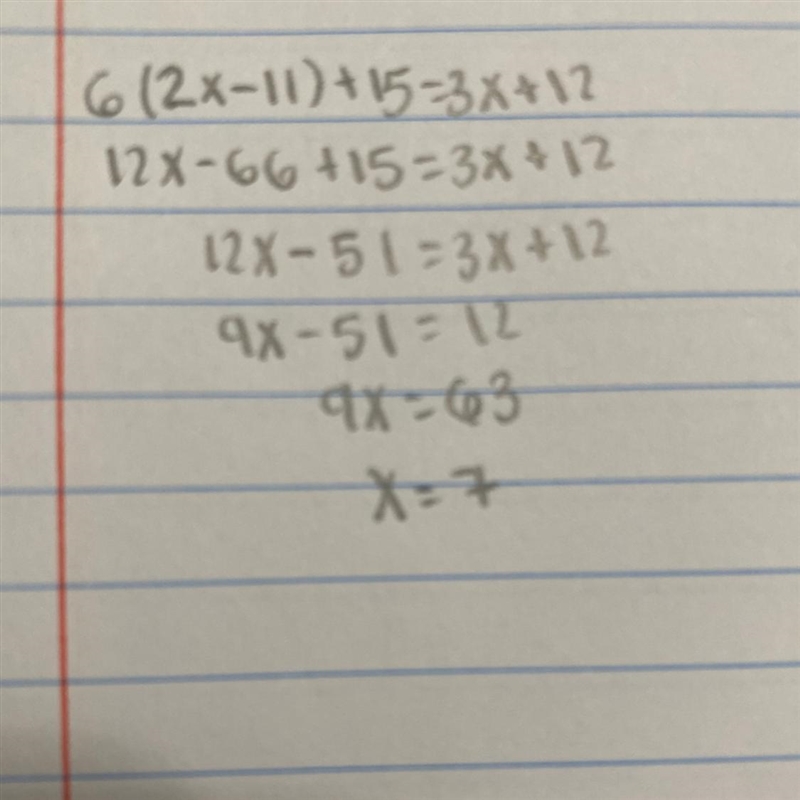 An equation is shown below: 6(2x - 11) + 15 = 3x + 12 Part A: Write the steps you-example-1