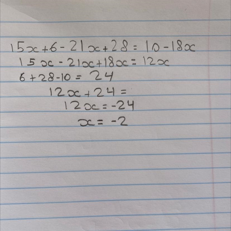 Solve this equation: 3 (5x + 2) - 7 (3x - 4) = (5 - 9x) 2 I need step by step explanation-example-1