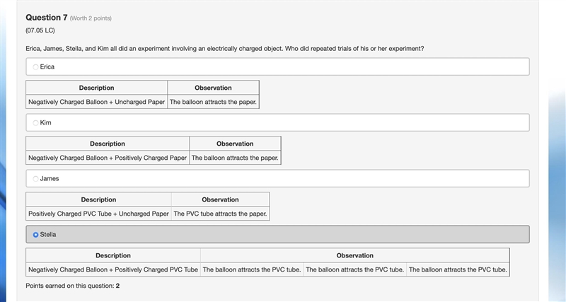 Erica, James, Stella, and Kim all did an experiment involving an electrically charged-example-1