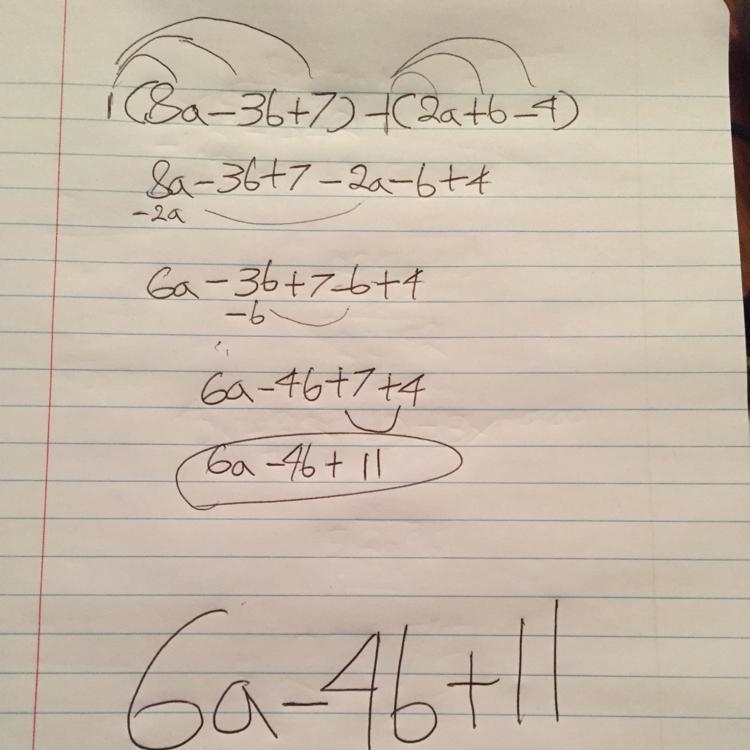 PLEASSSSE HELP Which expression is equivalent to (8 a minus 3 b + 7) minus (2 a + b-example-1