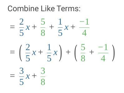 What is the sum (2/5 x + 5/8) + (1/5 x - 1/4)?-example-1