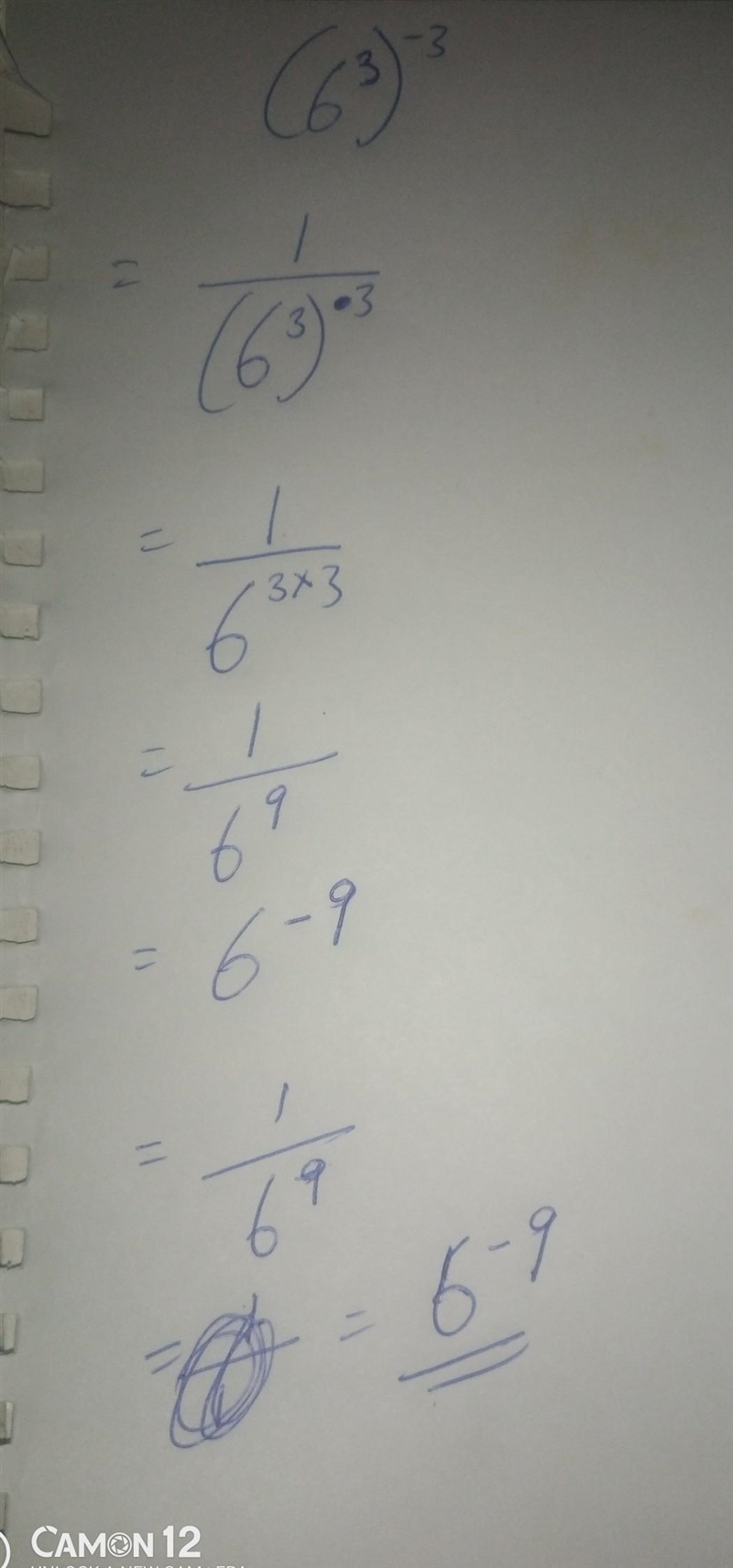 Simplify the expression where possible. (6^3)^-3-example-1