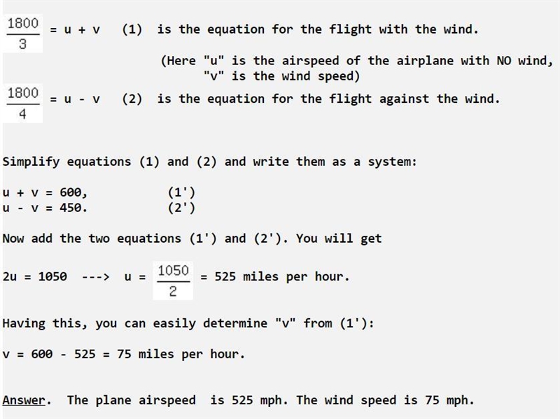 An airplane travels 1800 miles in 3 hours flying with the wind. On the return trip-example-1