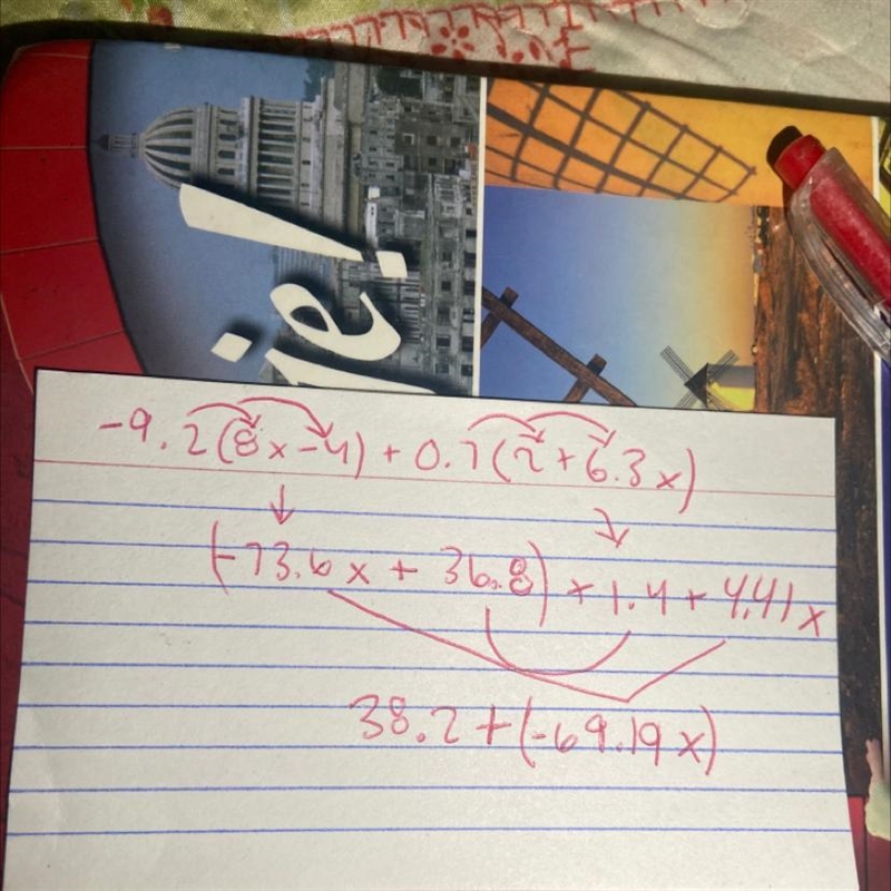 PLZ quick!! It's not hard (except for me) What is –9.2(8x – 4) + 0.7(2 + 6.3x) simplified-example-1