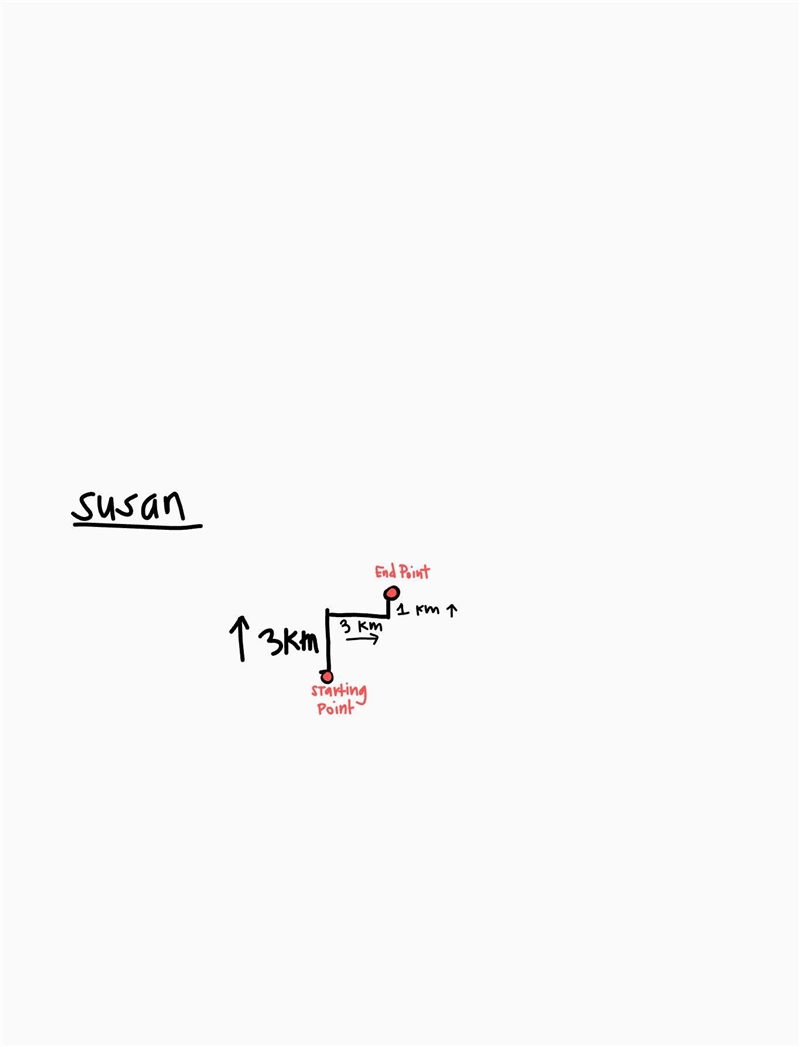 Susan walks 3km north, then 3km east, then 1km north. How far is she from her starting-example-1