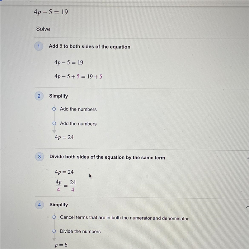 4p - 5 = 19 i need the steps to solve it-example-1