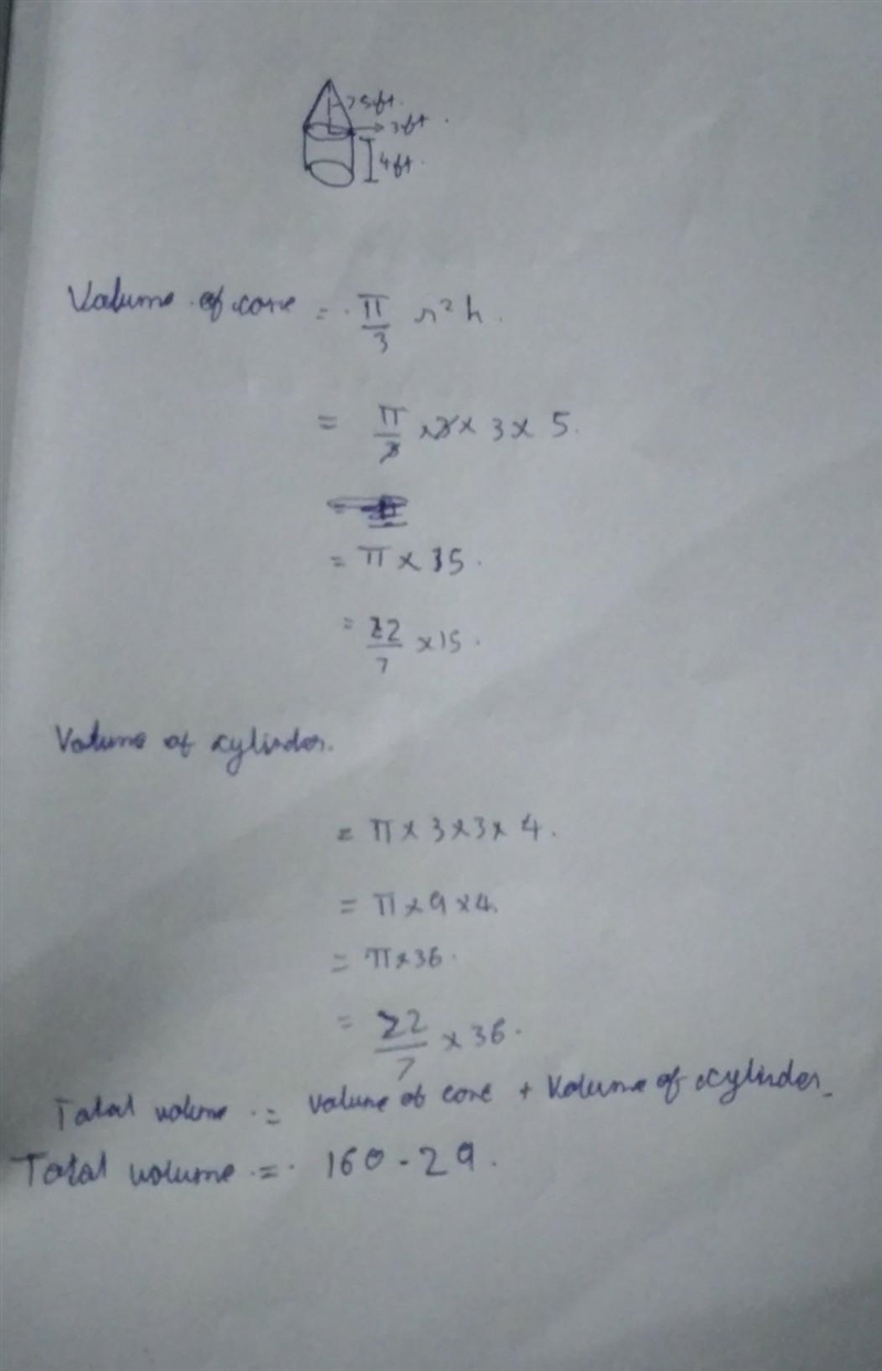 The figure is made up of a cylinder and a cone. What is the exact volume of the figure-example-1