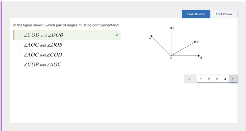 In the figure shown, which pair of angles must be complementary? ​∠AOC​ and ​∠DOB-example-1