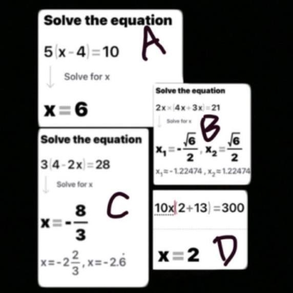 Help me plz: 11. Solve the following equations: a. 5(x - 4) = 10 b. 2x(4x + 3x) = 21 c-example-1