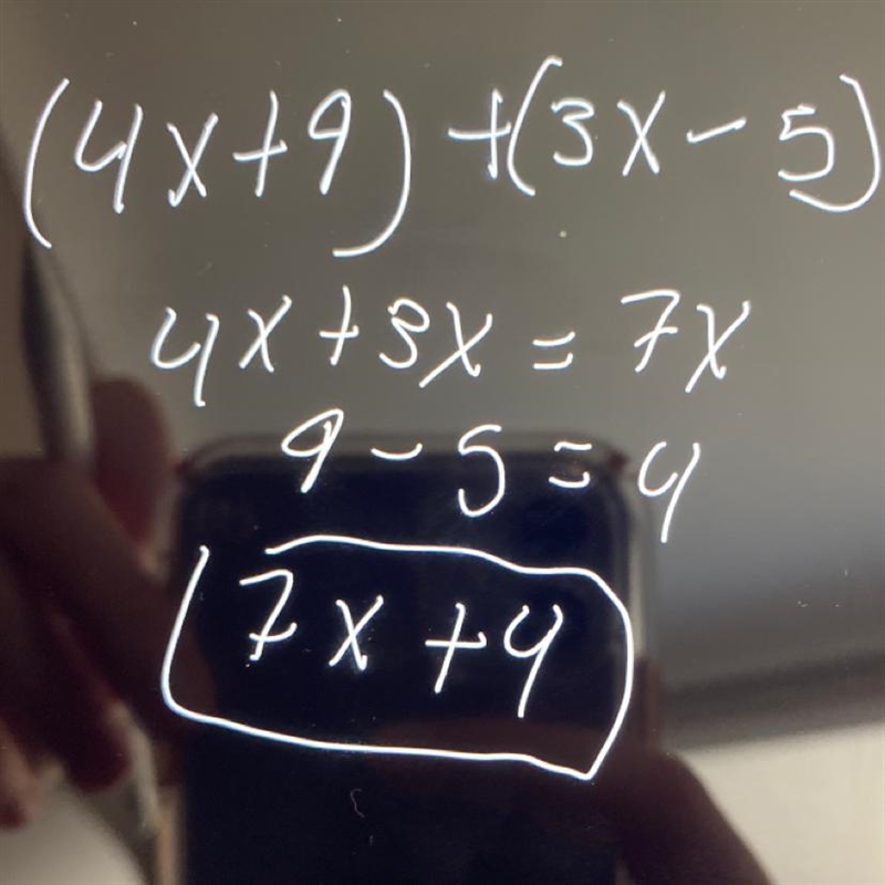 Adding and subtracting polynomials Add. Write your answers in standard form. (4x + 9) + (3x-example-1