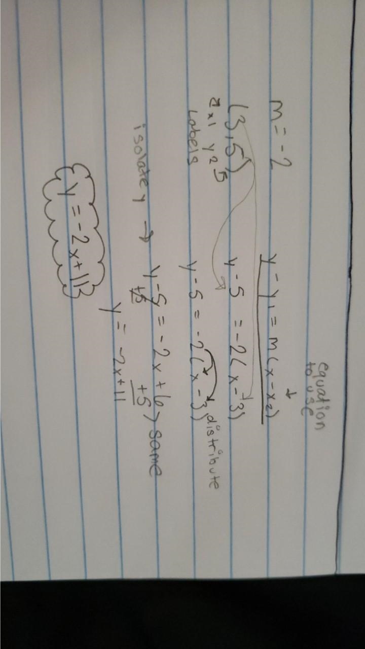 Write the linear equation when given m=-2 , (3,5).-example-1