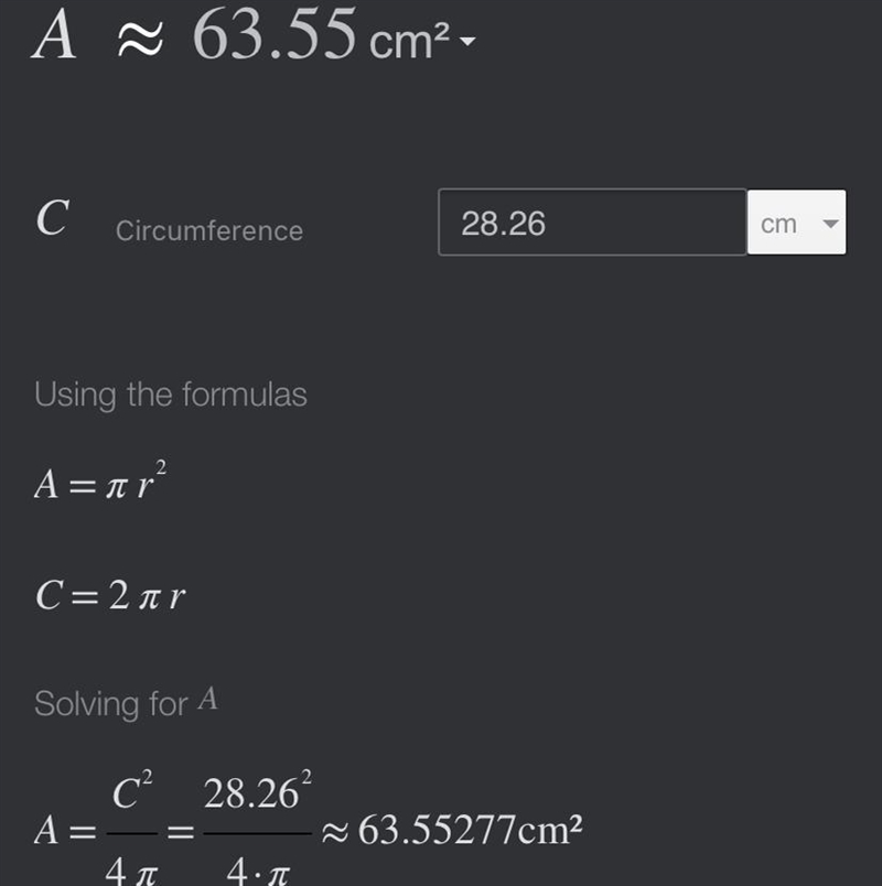 If the circumference of a circle is 28.26 cm, what is the area of the circle-example-1