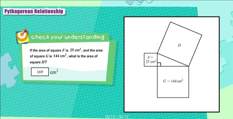 If the area of square F is 25 cm2, and the area of square G is 144 cm2, what is the-example-1