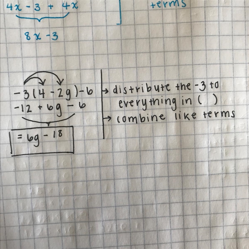 What is –3(4 – 2g) – 6?-example-1