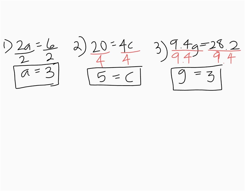 Solve each equation check your solution 1.2a=6 2. 20=4c 3. 9.4g=28.2-example-1