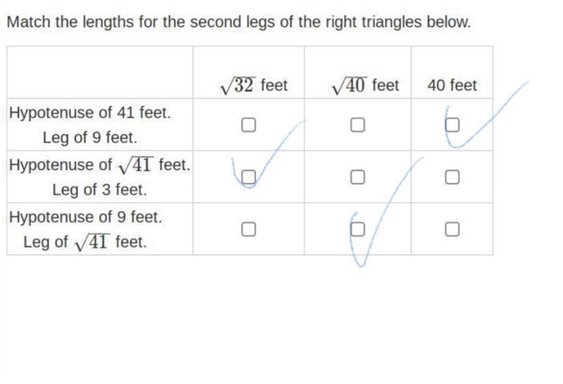 Match the lengths for the second legs of the right triangles below. PLEASE HELP MEEEEEE-example-1