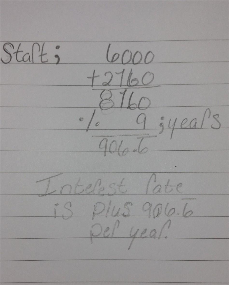 If the simple interest earned on $6000 for 9 years is $2,160. Then what is the interest-example-1