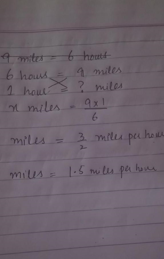 Bentley walked 9 miles in 6 hours. What was his walking rate in miles per hour ? Explanation-example-1