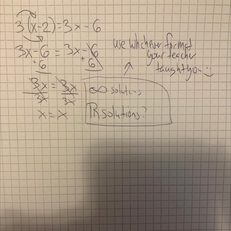 3(x-2)=3x-6 solve for x and show work please-example-1