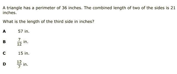 A triangle has a perimeter of 36 inches. The combined length of two of the sides is-example-1