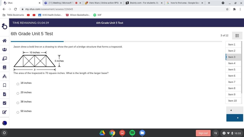 The area of the trapezoid is 70 square inches. What is the length of the larger base-example-1