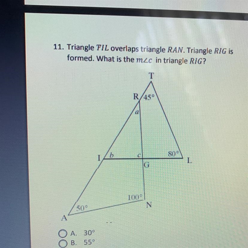 11. Triangle TIL overlaps triangle RAN. Triangle RIG is formed. What is the mzc in-example-1