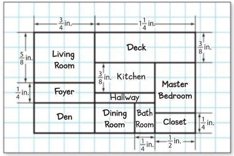 If the blueprint has a scale of 1 inch = 36 feet. Then the foyer would be ____ feet-example-1