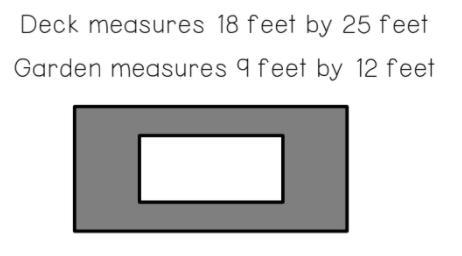 PLEASE HELP!!! deck measures 18 feet by 25 feet Garden measures 9 feet by 12 feet-example-1